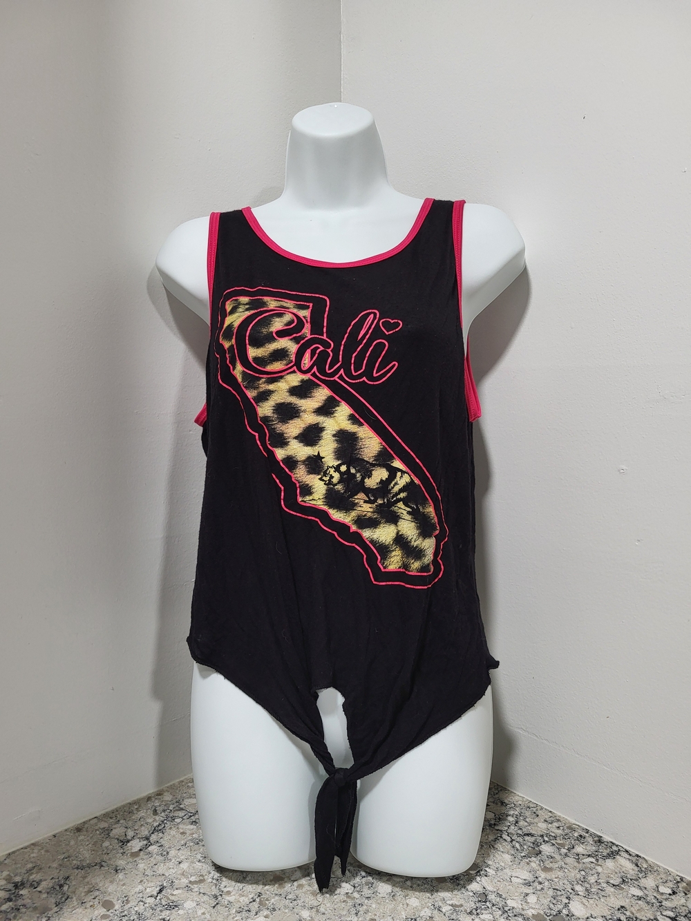 Cali Leopard Print Tie-Front Tank Top - Black/Pink